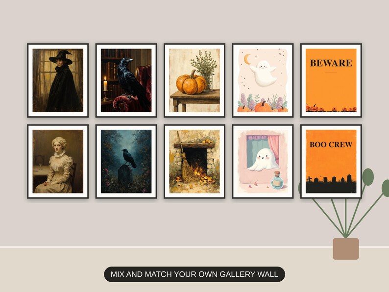 Ten Halloween prints from the bundle framed together as a gallery wall above a console table