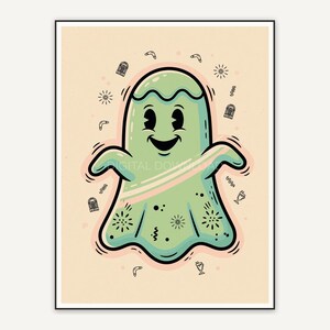 rounded retro ghost in orange and black flat art