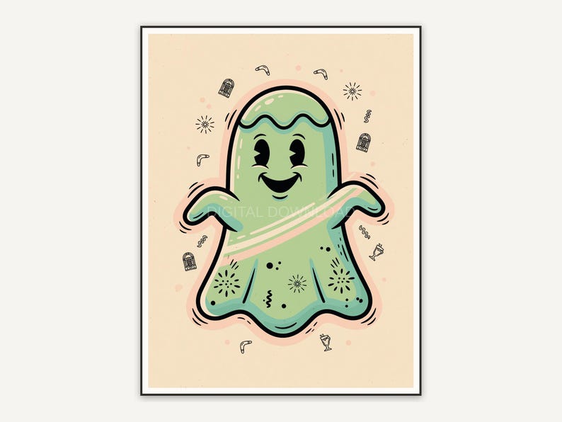 rounded retro ghost in orange and black flat art