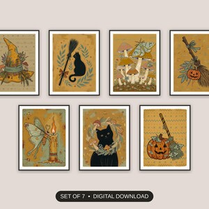 Set of 7 halloween decor and spooky season wall art printable prints shown as a gallery wall