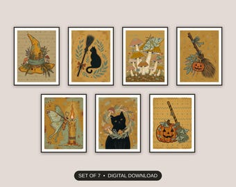 Whimsigoth Decor, Set Of 7 Prints, Primitive Folk Halloween Art, Cozy Kitchen Mantel, Spooky Season Entryway Gallery Wall, Digital Download