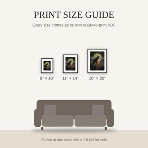 Print size guide showing 8x10, 11x14, and 16x20 framed prints at true scale beside a sofa