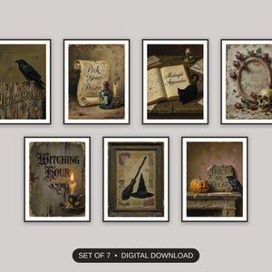 Set of 7 halloween quote print printable prints shown as a gallery wall