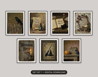 Halloween Quote Print, Set Of 7, Vintage Oil Painting Halloween Prints, Entryway Gallery Wall, Literary Mantel Decor, Digital Download