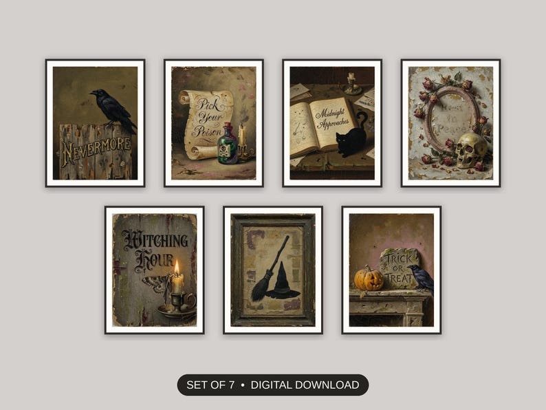 Set of 7 halloween quote print printable prints shown as a gallery wall