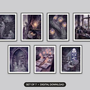 Set of 7 halloween library printable prints shown as a gallery wall