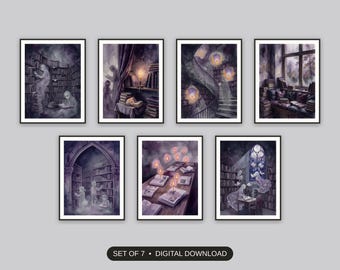 7-teiliges Deko-Set für Bibliotheken, Gruselige Leseecken, Gotische Lesemotive, Kunst für Schulbibliotheken, Halloween-Geschenk für Bibliothekare, Digitaler Download