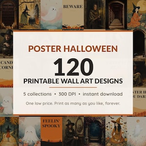 Halloween printable wall art mega bundle with 120 art prints in 5 collections: Varnished Portrait Studies, Shadowed Arch Studies, Cottage Hearth Prints, Gentle Phantom Sketches, Diner Color Fields