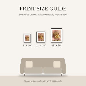 Print size guide showing 8x10, 11x14, and 16x20 framed prints at true scale beside a sofa