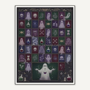 Halloween periodic table chart featuring potion motifs in muted jewel tones