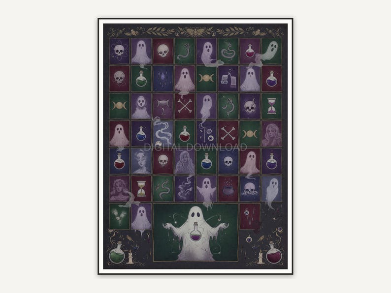 Halloween periodic table chart featuring potion motifs in muted jewel tones