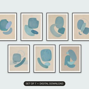 Set of 7 patina blue abstracts printable prints shown as a gallery wall