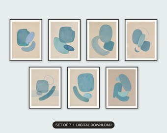 Patina Blue Abstract Wall Art Set of 7 | Minimal Calm Gallery Prints | Living Room Decor Digital Download