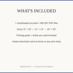 What's included: 7 art prints as 300 DPI PDFs in three sizes plus printing guide and thank-you card