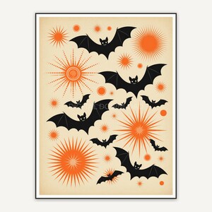 Retro mid-century bat print with orange atomic accents
