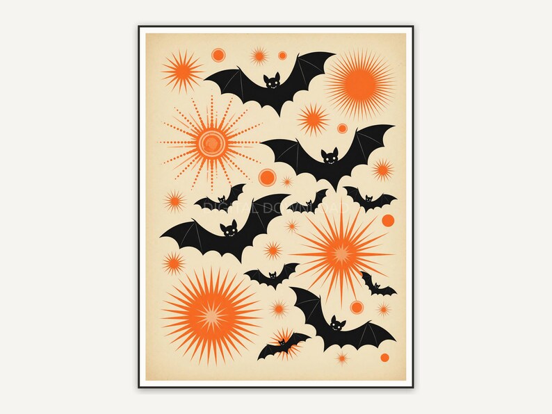 Retro mid-century bat print with orange atomic accents