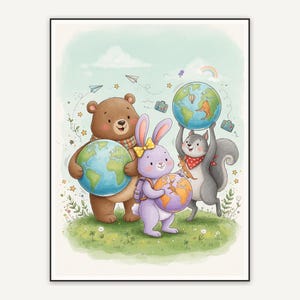 Owl holding a globe in soft watercolor storybook style