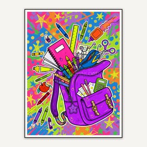 oversized backpack overflowing with school supplies