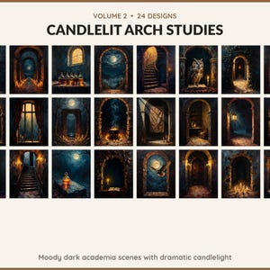 Volume 2 Candlelit Arch Studies: 24 printable Halloween art designs, moody dark academia scenes with dramatic candlelight
