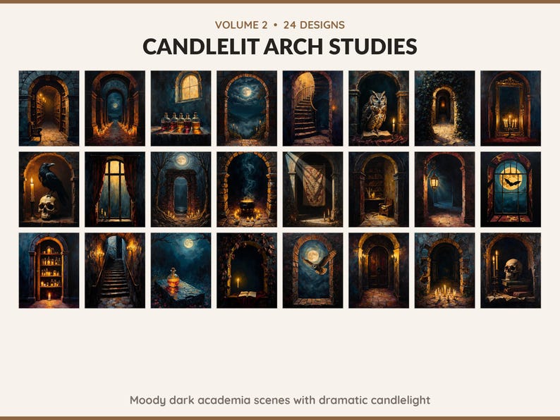 Volume 2 Candlelit Arch Studies: 24 printable Halloween art designs, moody dark academia scenes with dramatic candlelight