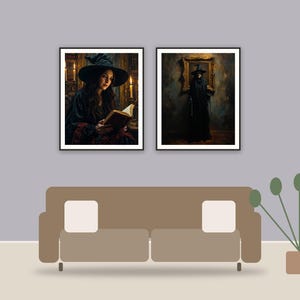 Gothic Manor Studies printable art framed above a sofa in a styled living room