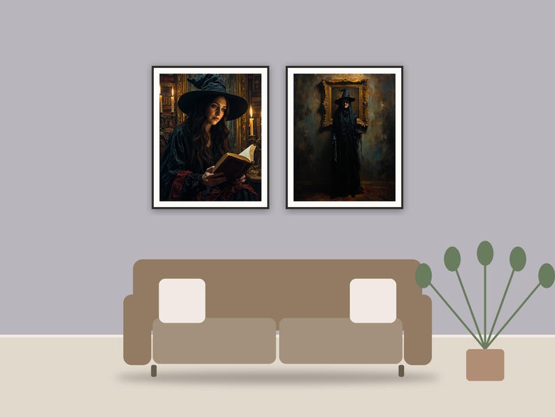Gothic Manor Studies printable art framed above a sofa in a styled living room
