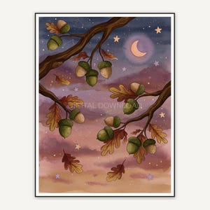 Oak branches with acorns against twilight sky