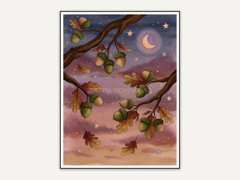 Oak branches with acorns against twilight sky