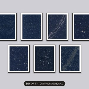 Set of 7 celestial zodiac art printable prints shown as a gallery wall