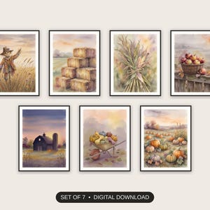 Set of 7 whimsical autumn farm art printable prints shown as a gallery wall