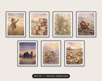 Vintage Scarecrow Prints Set of 7 | Whimsical Farm Autumn Scenes | Fall Equinox Kitchen Decor Digital Download