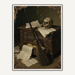 Broomstick leaning on a carved chest with skull and papers