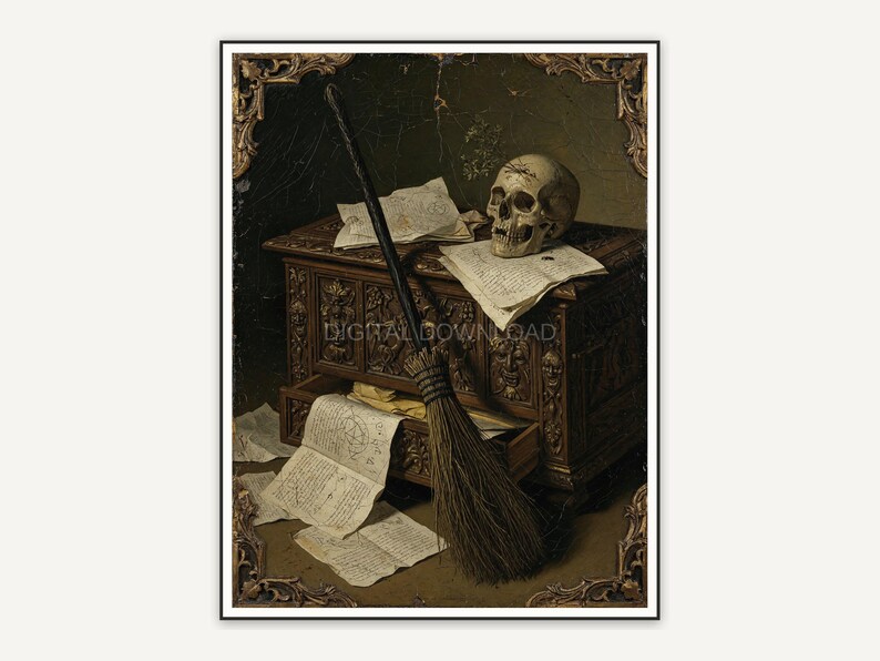 Broomstick leaning on a carved chest with skull and papers