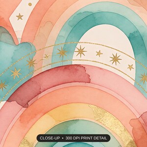 Close-up print detail of the colorful rainbow learning icons artwork at 300 DPI