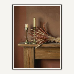 Mantel with candlesticks and wheat