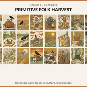 Volume 3 Primitive Folk Harvest: 24 printable Halloween art designs, handmade naive scenes in mustard, rust and sage