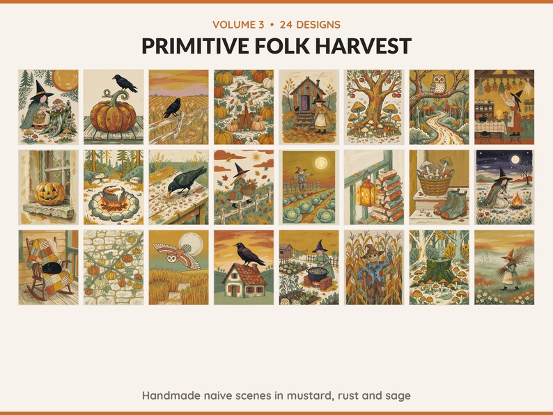 Volume 3 Primitive Folk Harvest: 24 printable Halloween art designs, handmade naive scenes in mustard, rust and sage