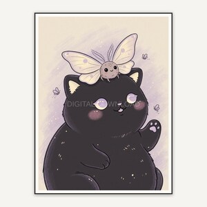 Black cat with moth on pastel background