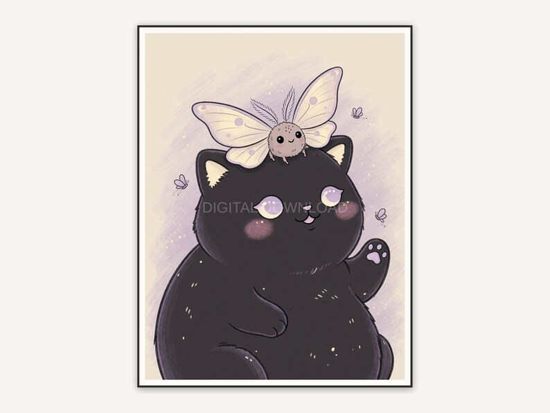 Black cat with moth on pastel background