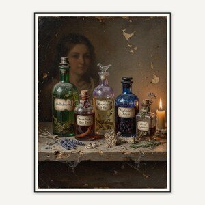 Vintage oil painting of potion bottles on wooden shelf