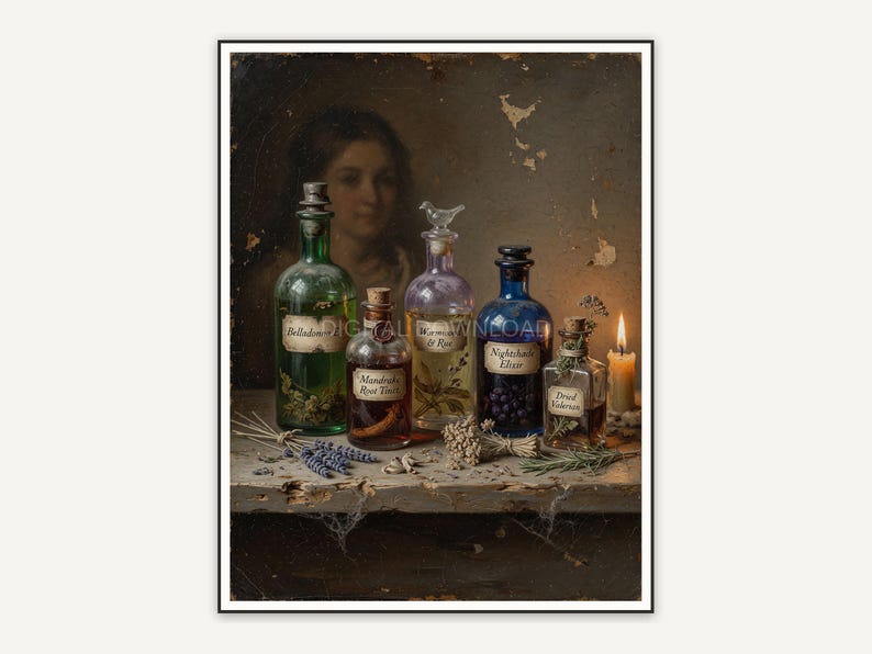 Vintage oil painting of potion bottles on wooden shelf