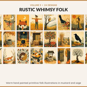 Volume 3 Rustic Whimsy Folk: 24 printable Halloween art designs, warm hand painted primitive folk illustrations in mustard and sage