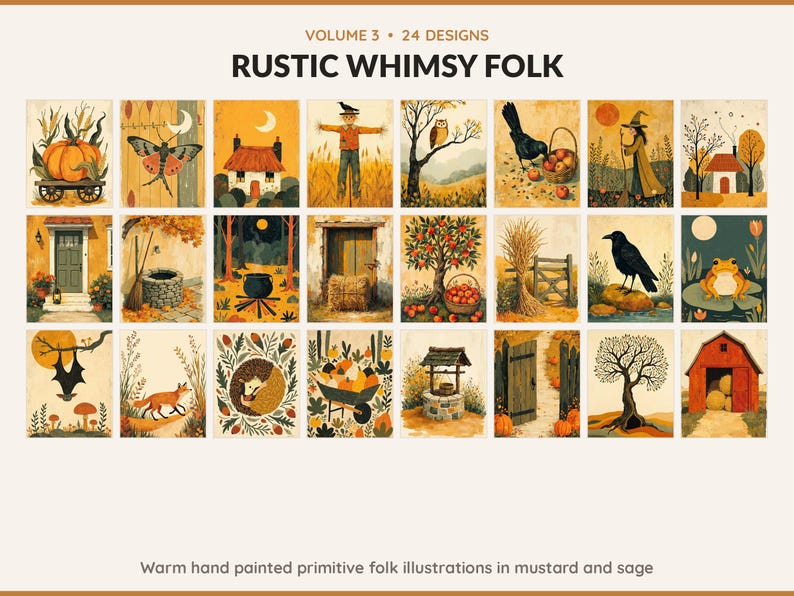 Volume 3 Rustic Whimsy Folk: 24 printable Halloween art designs, warm hand painted primitive folk illustrations in mustard and sage
