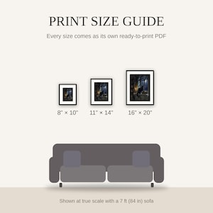 Print size guide showing 8x10, 11x14, and 16x20 framed prints at true scale beside a sofa