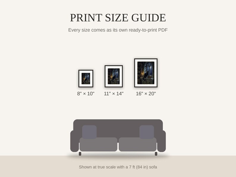 Print size guide showing 8x10, 11x14, and 16x20 framed prints at true scale beside a sofa