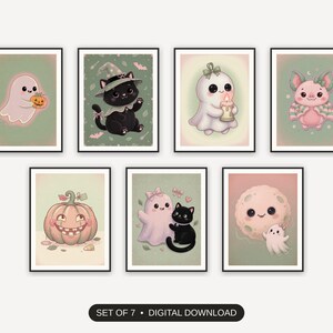 Set of 7 halloween decor and spooky season wall art printable prints shown as a gallery wall