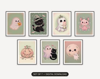 Juego de 7 láminas de Halloween, adorables y espeluznantes láminas de fantasmas, decoración de temporada de Halloween en tonos pastel, ideal para la pared de la entrada de la habitación infantil o para un toque divertido en el baño.