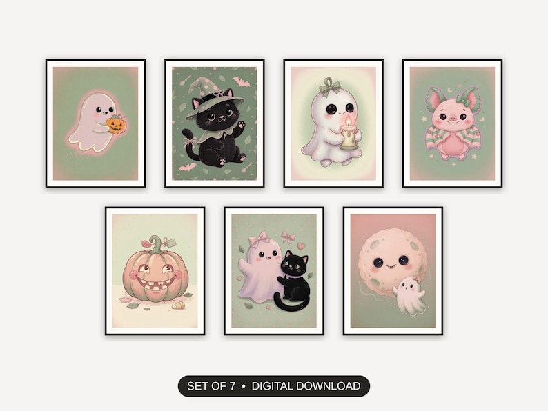 Set of 7 halloween decor and spooky season wall art printable prints shown as a gallery wall