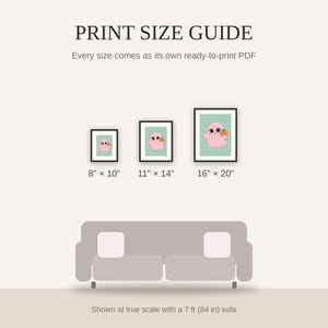 Print size guide showing 8x10, 11x14, and 16x20 framed prints at true scale beside a sofa