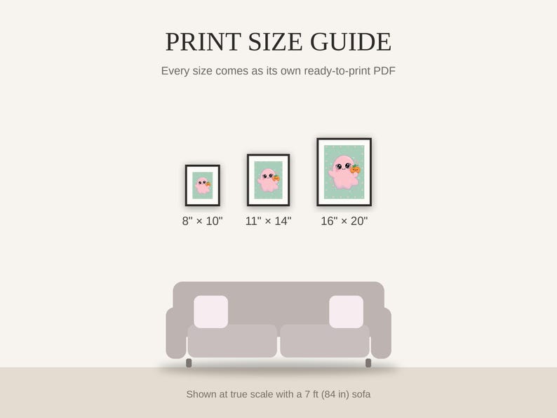 Print size guide showing 8x10, 11x14, and 16x20 framed prints at true scale beside a sofa